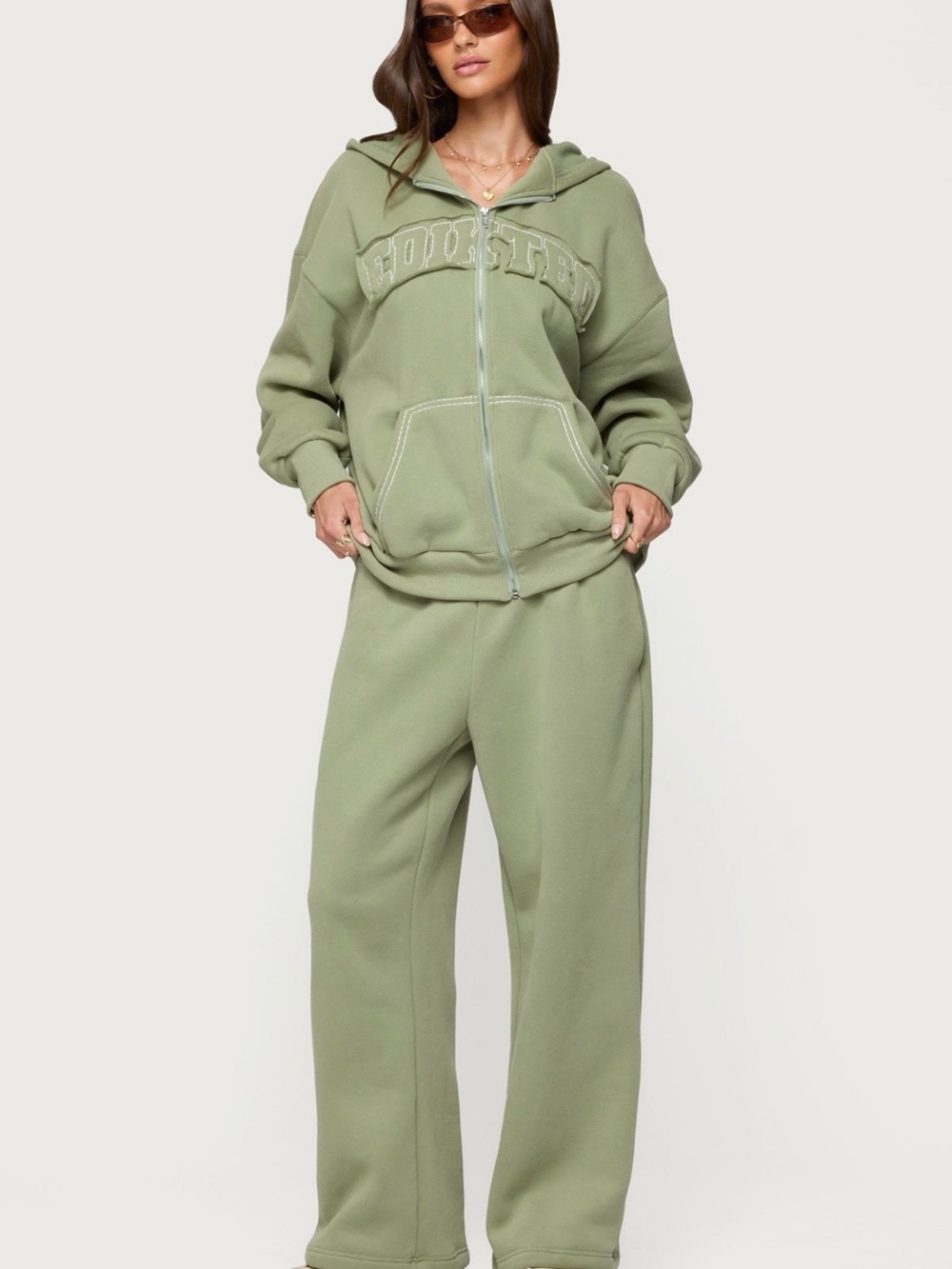 Edikted Olive Green Zip Hoodie & Wide Leg Track Pants size XL